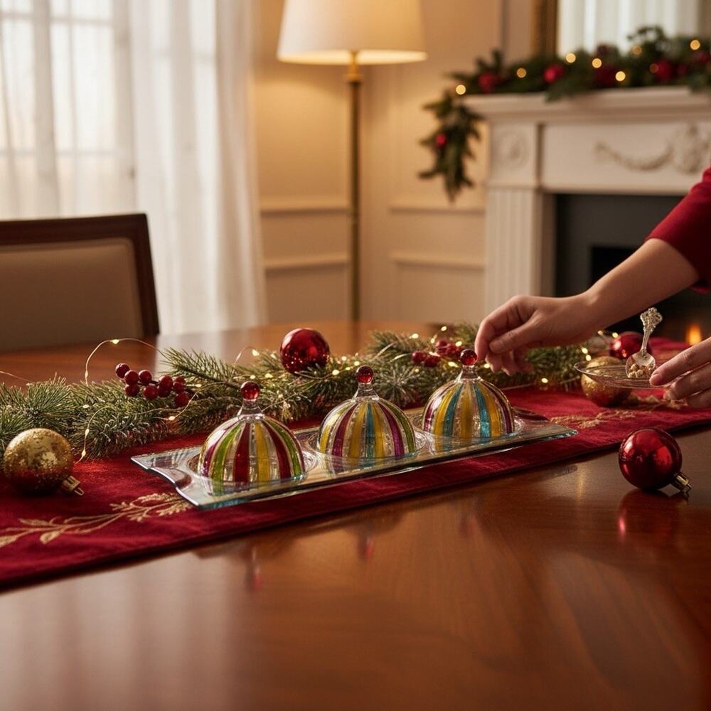 VTG Discontinued Pier 1 Imports Colorful Condiment Set 3 Lids Christmas Party